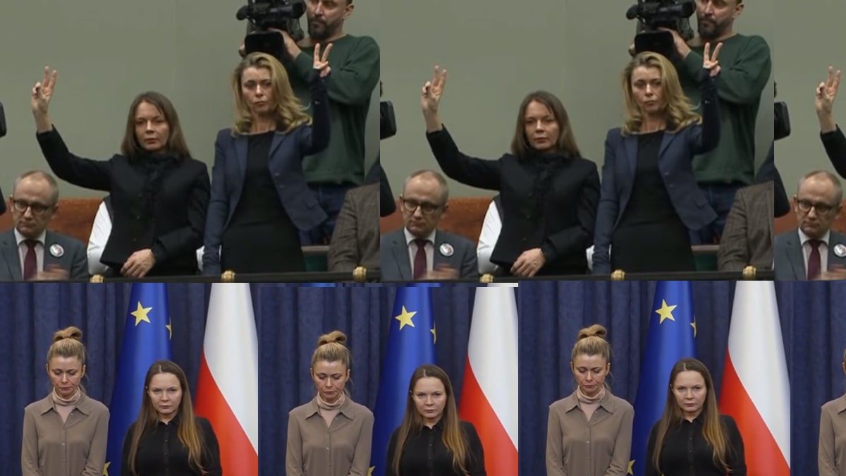 Żona Kamińskiego (z lewej) i żona Wąsika (z prawej) pokazują w Sejmie znak zwycięstwa (dwa palce w górze jak Wałęsa), poniżej pokazują u prezydenta smutną minę - Kolarz zdjęć