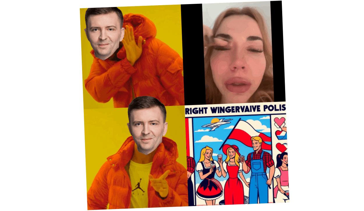 Głowa Łukasza Schreibera wklejona w mem z Drake'em, który odrzuca Schreiber i jest za nową tradycyjną, polską konserwatywną żoną