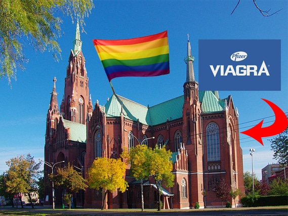 Kościół parafialny p. w. Matki Boskiej Anielskiej w Dąbrowie Górniczej z doklejoną flagą LGBT i logo tabletki na potencję Viagra