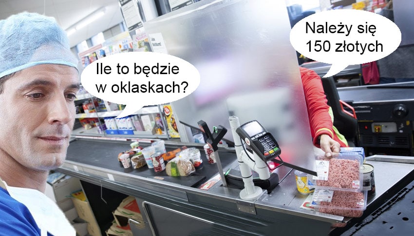 Komiks. Na kasie: - Należy się 150 złotych. Lekarz: - Ile to będzie w oklaskach?